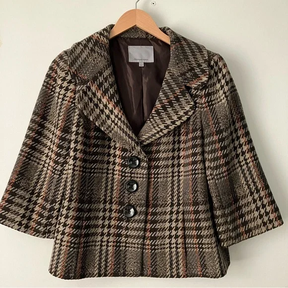 Classiques Entier Cropped Houndstooth Plaid Wool Jacket Retro Boho Brown - Picture 2 of 13